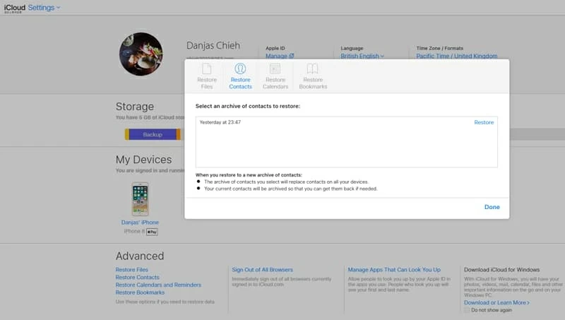 restore iPhone X numbers via iCloud